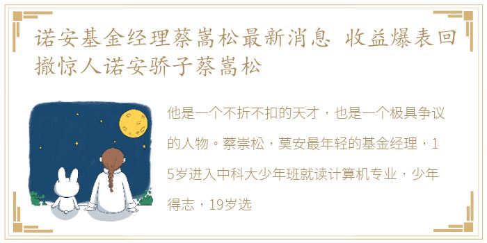 诺安基金经理蔡嵩松最新消息 收益爆表回撤惊人诺安骄子蔡嵩松