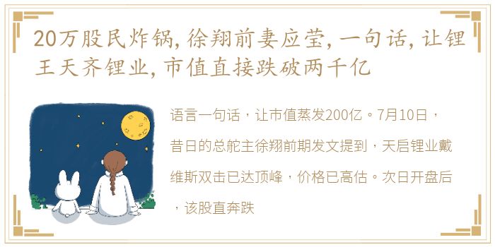 20万股民炸锅,徐翔前妻应莹,一句话,让锂王天齐锂业,市值直接跌破两千亿