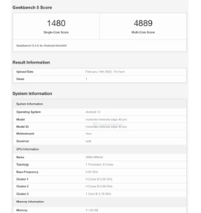 摩托罗拉Edge40Pro搭载12GB内存运行Geekbench