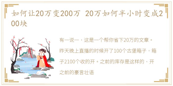 如何让20万变200万 20万如何半小时变成200块