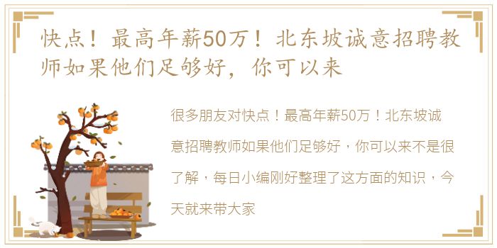 快点！最高年薪50万！北东坡诚意招聘教师如果他们足够好，你可以来