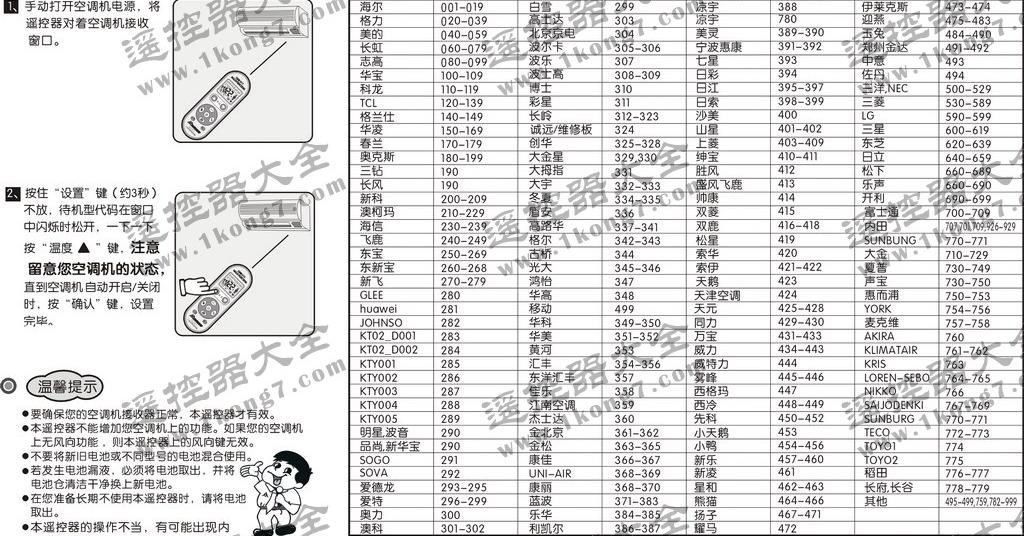 万能空调遥控器代码表一览表1000，万能空调遥控器代码表